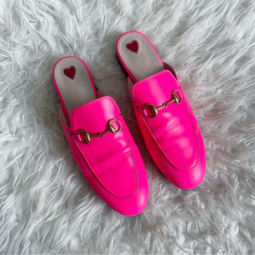 Gucci Princetown Horsebit Mules Neon Pink Leather Slip On Loafer Size 37.5
